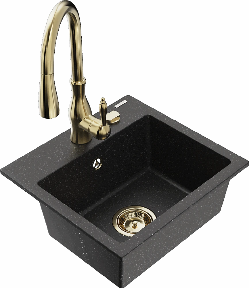 Granitinė virtuvinė plautuvė Mexen Milo su maišytuvu ir sifonu, Metallic juodas/sidabrinis+Gold