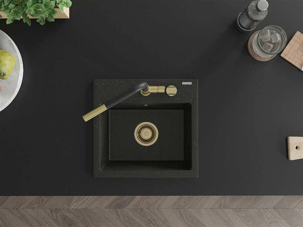 Granitinė virtuvinė plautuvė Mexen Milo su maišytuvu ir sifonu, Metallic juodas/auksinis+Juodas/Gold