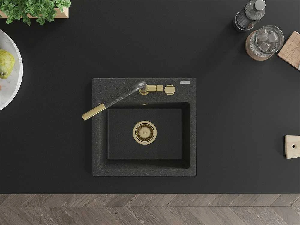 Granitinė virtuvinė plautuvė Mexen Milo su maišytuvu ir sifonu, Juodas granite+Juodas granite/Gold