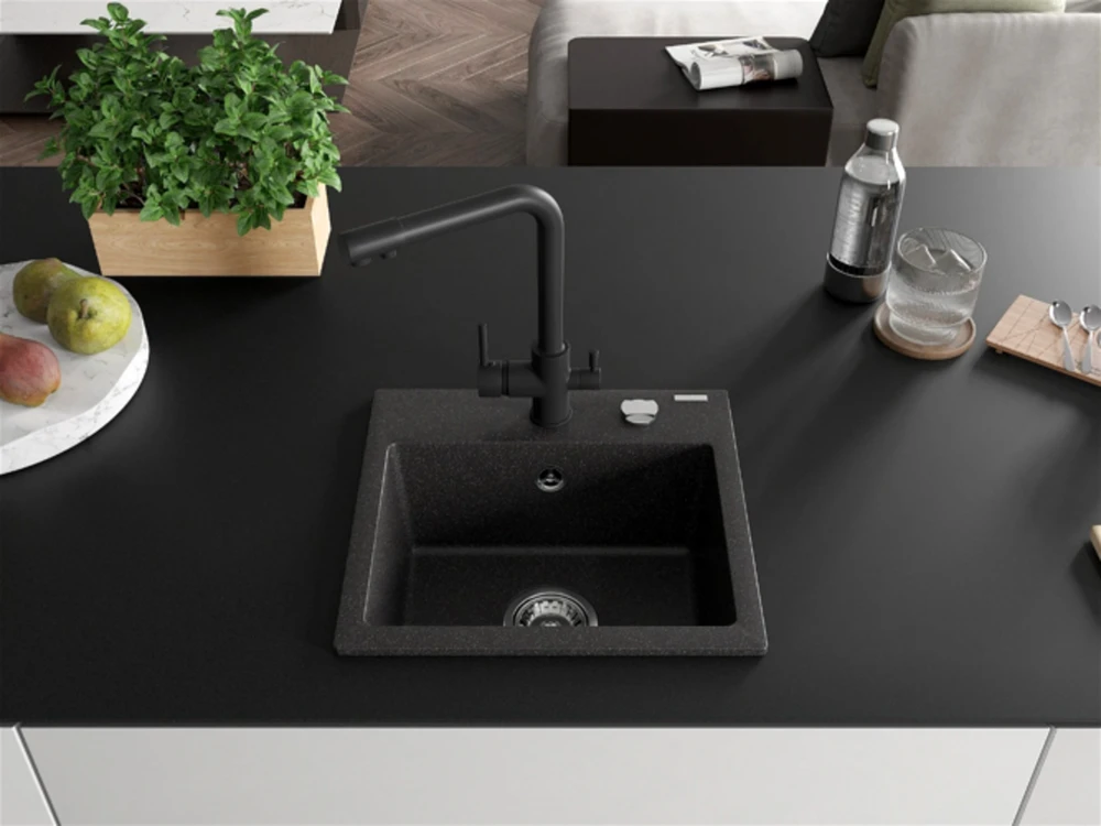 Granitinė virtuvinė plautuvė Mexen Milo su maišytuvu ir sifonu, Juodas granite+Juodas