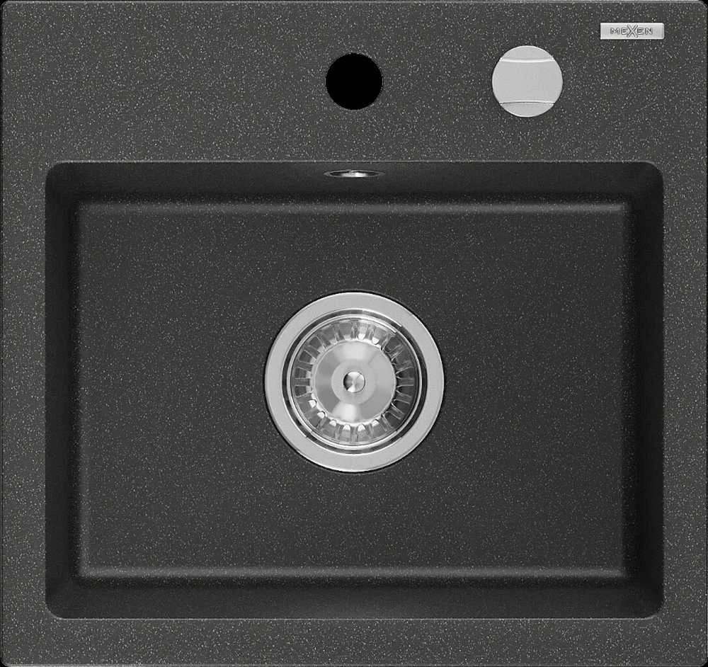 Granitinė virtuvinė plautuvė Mexen Milo su sifonu, Juodas granite+Chrome, 435 x 410 mm