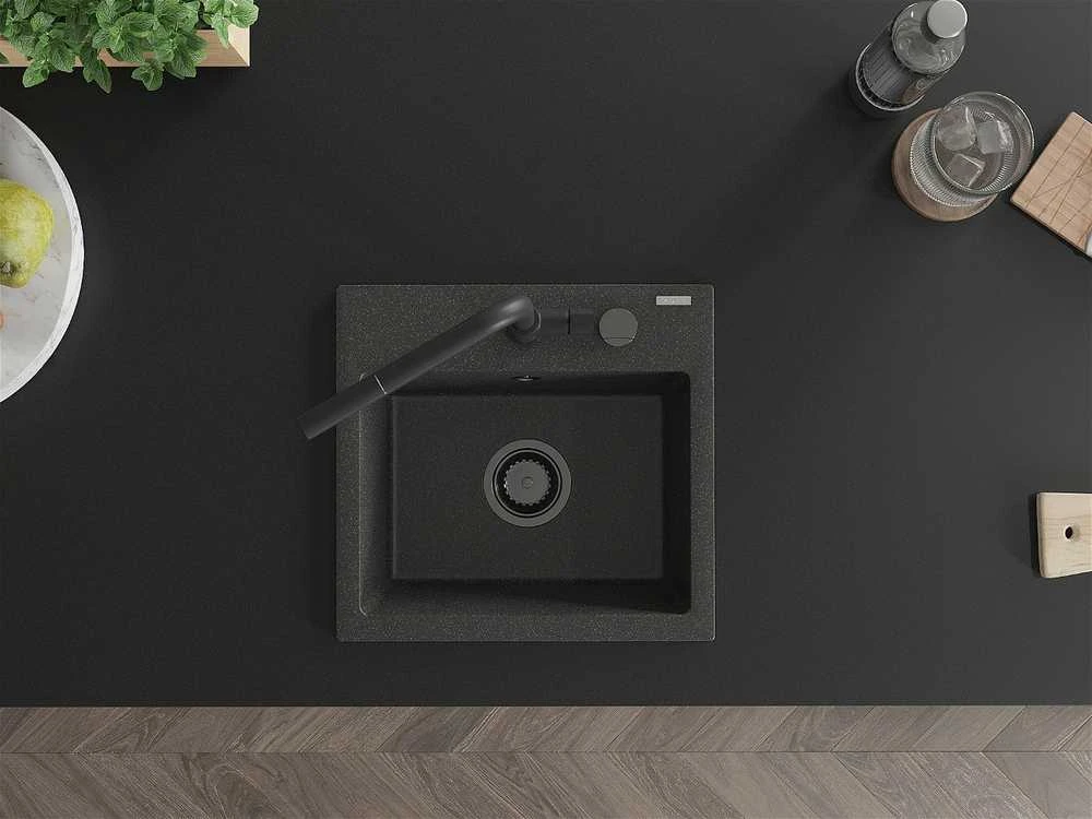 Granitinė virtuvinė plautuvė Mexen Milo su maišytuvu ir sifonu, Juodas granite+Juodas