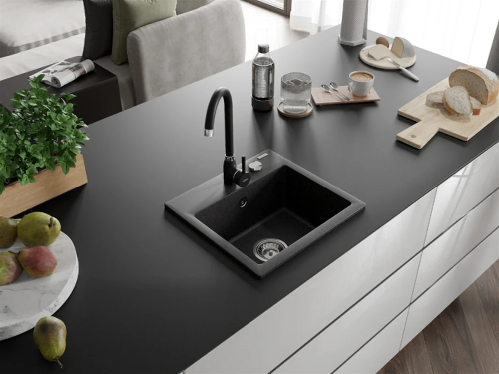 Granitinė virtuvinė plautuvė Mexen Milo su maišytuvu ir sifonu, Juodas granite+Juodas