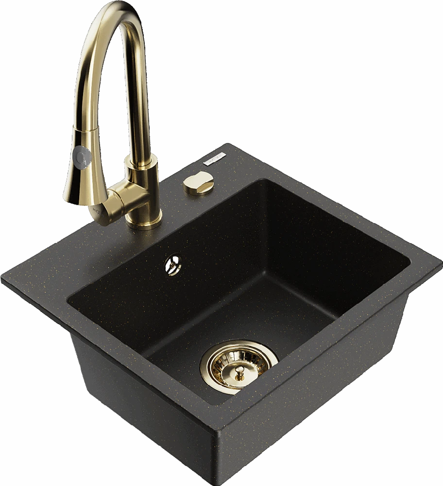Granitinė virtuvinė plautuvė Mexen Milo su maišytuvu ir sifonu, Metallic juodas/auksinis+Gold