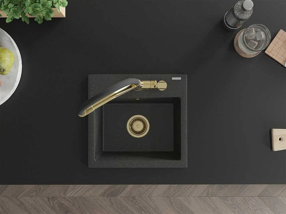 Granitinė virtuvinė plautuvė Mexen Milo su maišytuvu ir sifonu, Juodas granite+Juodas/Gold