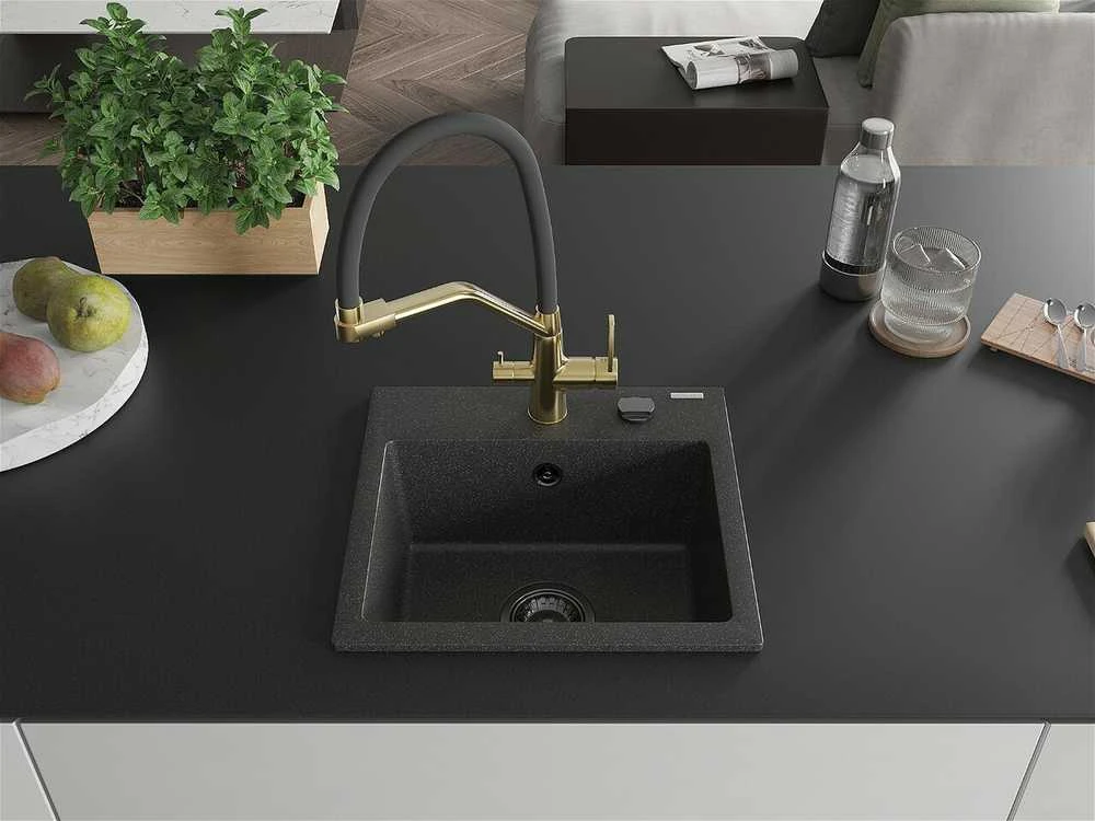 Granitinė virtuvinė plautuvė Mexen Milo su maišytuvu ir sifonu, Juodas granite+Juodas/Gold