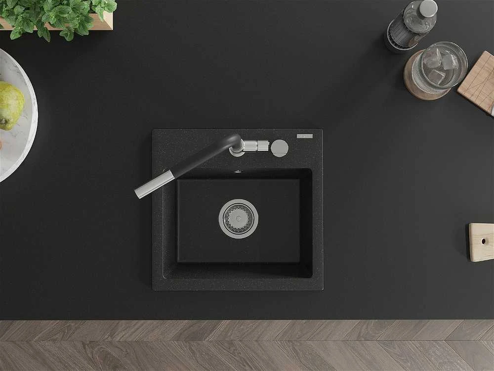Granitinė virtuvinė plautuvė Mexen Milo su maišytuvu ir sifonu, Metallic juodas/sidabrinis+Juodas/Chrome