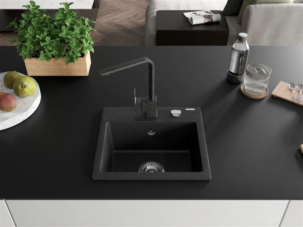 Granitinė virtuvinė plautuvė Mexen Milo su maišytuvu ir sifonu, Juodas granite