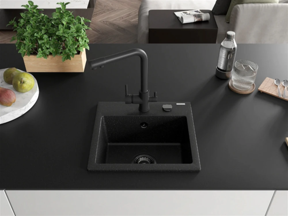 Granitinė virtuvinė plautuvė Mexen Milo su maišytuvu ir sifonu, Metallic juodas/sidabrinis+Juodas(B)