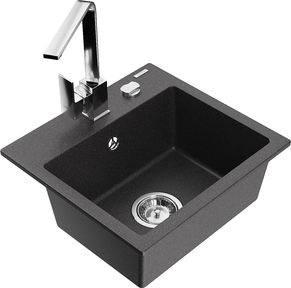 Granitinė virtuvinė plautuvė Mexen Milo su maišytuvu ir sifonu, Juodas granite+Chrome