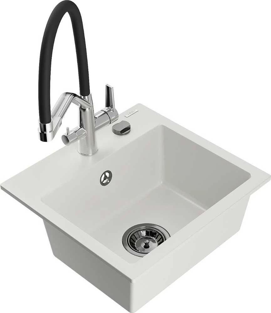 Granitinė virtuvinė plautuvė Mexen Milo su maišytuvu ir sifonu, Baltas+Juodas/Chrome