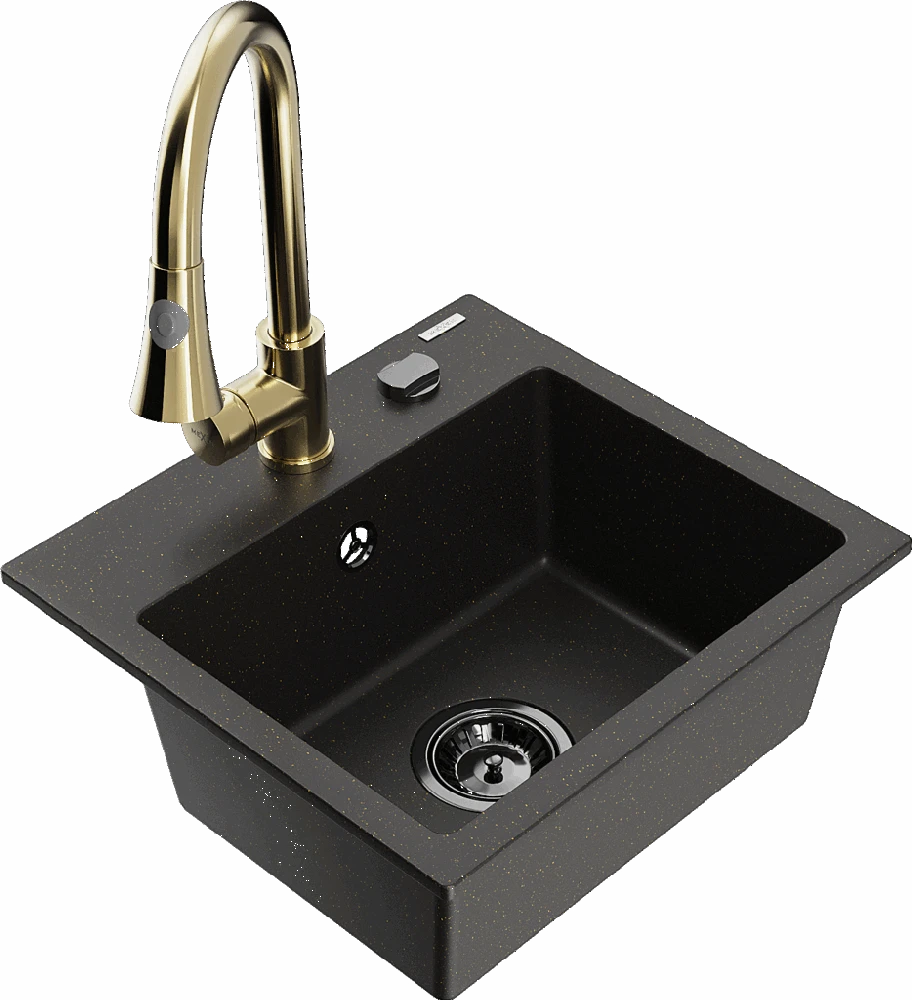 Granitinė virtuvinė plautuvė Mexen Milo su maišytuvu ir sifonu, Metallic juodas/auksinis+Gold