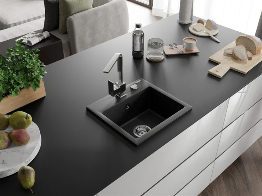 Granitinė virtuvinė plautuvė Mexen Milo su maišytuvu ir sifonu, Juodas granite+Chrome