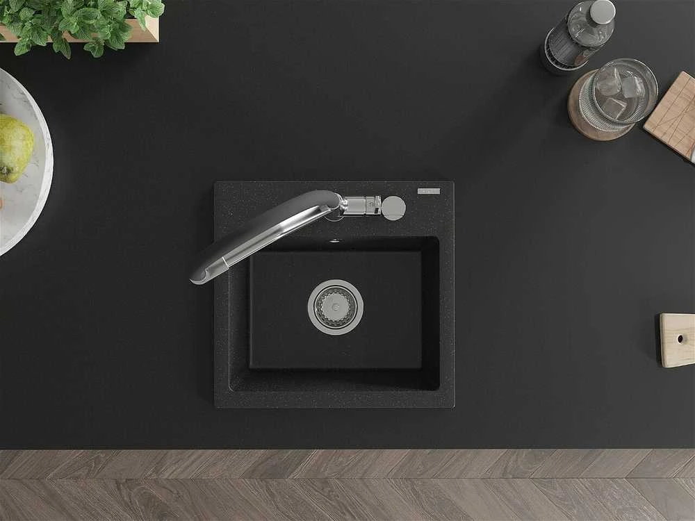 Granitinė virtuvinė plautuvė Mexen Milo su maišytuvu ir sifonu, Metallic juodas/sidabrinis+Juodas/Chrome