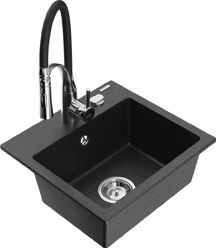 Granitinė virtuvinė plautuvė Mexen Milo su maišytuvu ir sifonu, Metallic juodas/sidabrinis+Juodas/Chrome