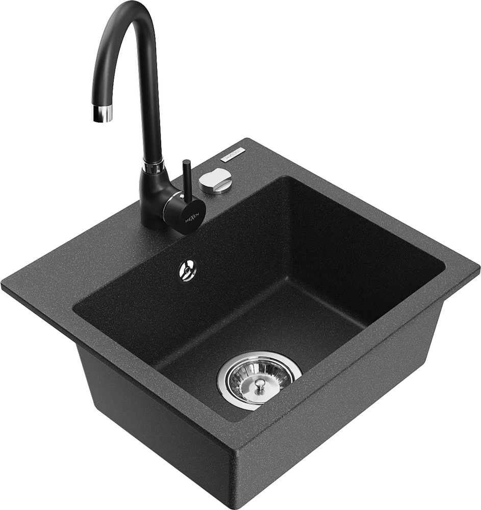 Granitinė virtuvinė plautuvė Mexen Milo su maišytuvu ir sifonu, Juodas granite+Juodas