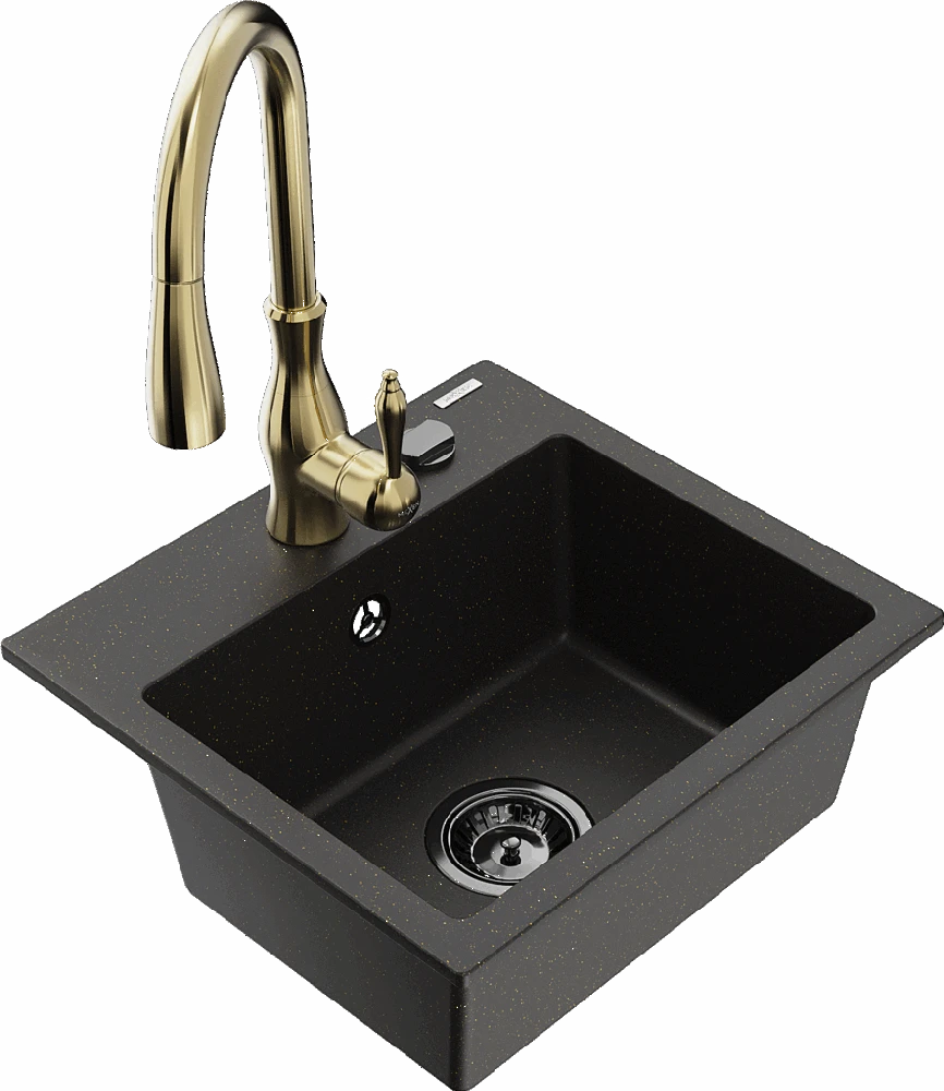 Granitinė virtuvinė plautuvė Mexen Milo su maišytuvu ir sifonu, Metallic juodas/auksinis+Gold