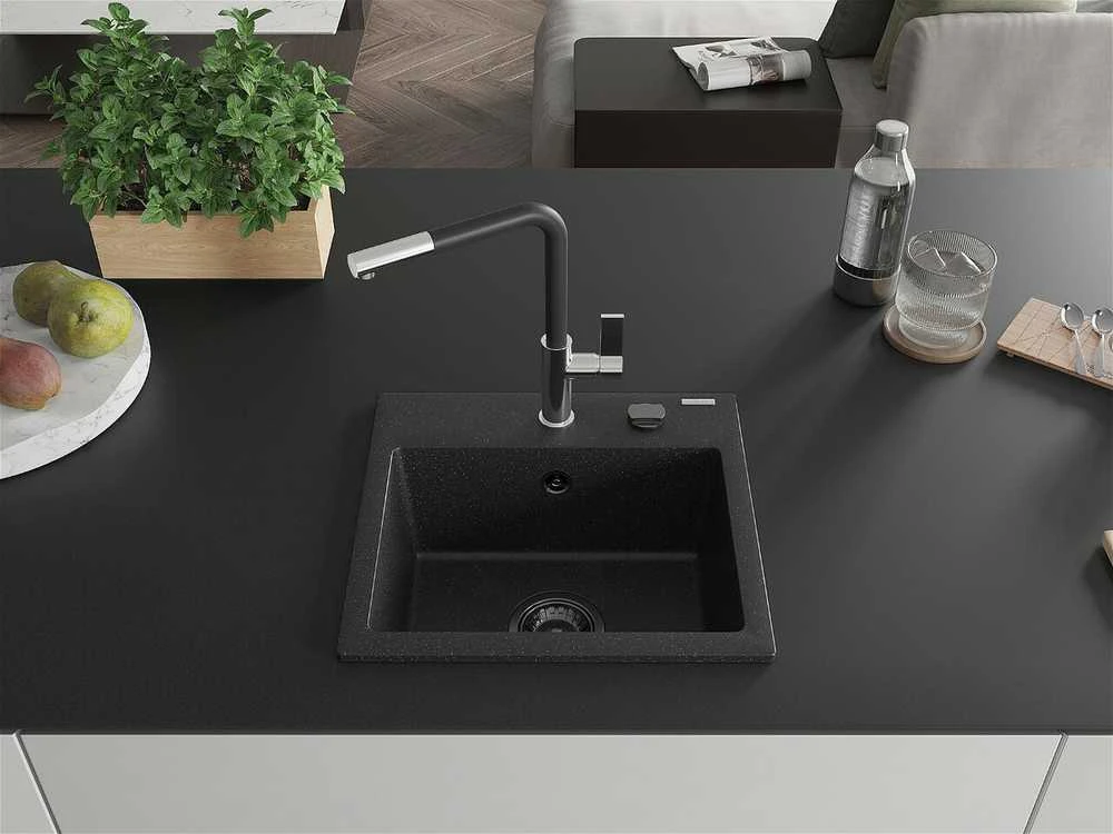 Granitinė virtuvinė plautuvė Mexen Milo su maišytuvu ir sifonu, Metallic juodas/sidabrinis+Juodas/Chrome