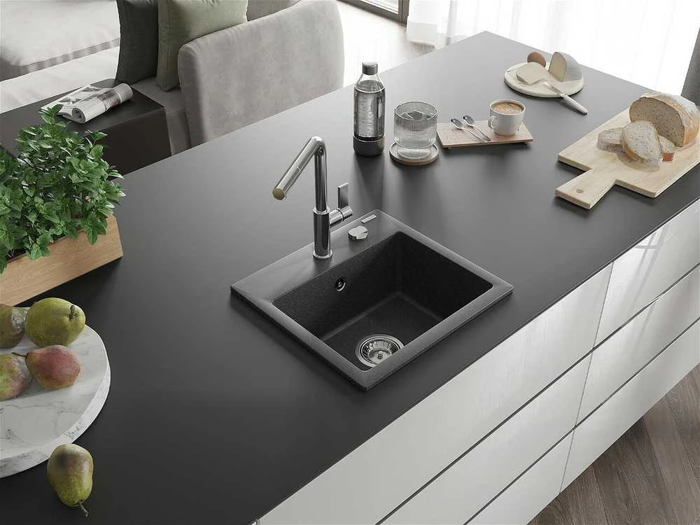Granitinė virtuvinė plautuvė Mexen Milo su maišytuvu ir sifonu, Juodas granite+Chrome