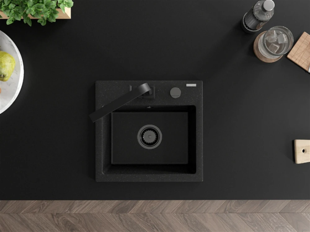 Granitinė virtuvinė plautuvė Mexen Milo su maišytuvu ir sifonu, Metallic juodas/sidabrinis+Juodas(B)