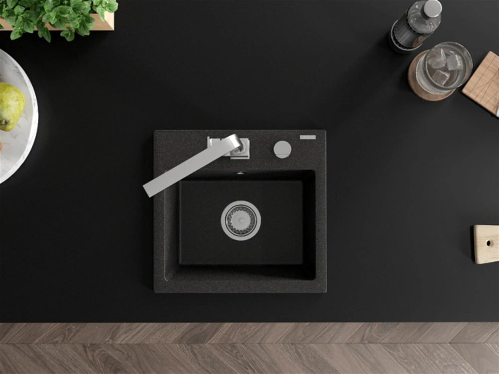 Granitinė virtuvinė plautuvė Mexen Milo su maišytuvu ir sifonu, Juodas granite+Chrome