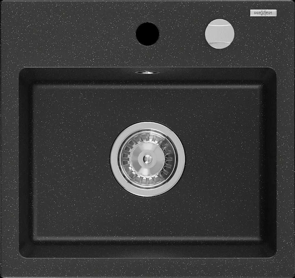 Granitinė virtuvinė plautuvė Mexen Milo su sifonu, Metallic juodas/sidabrinis+Chrome, 435 x 410 mm
