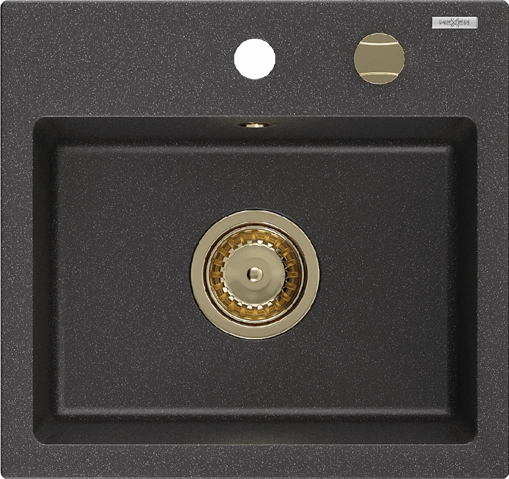 Granitinė virtuvinė plautuvė Mexen Milo su sifonu, Juodas granite+Gold, 435 x 410 mm