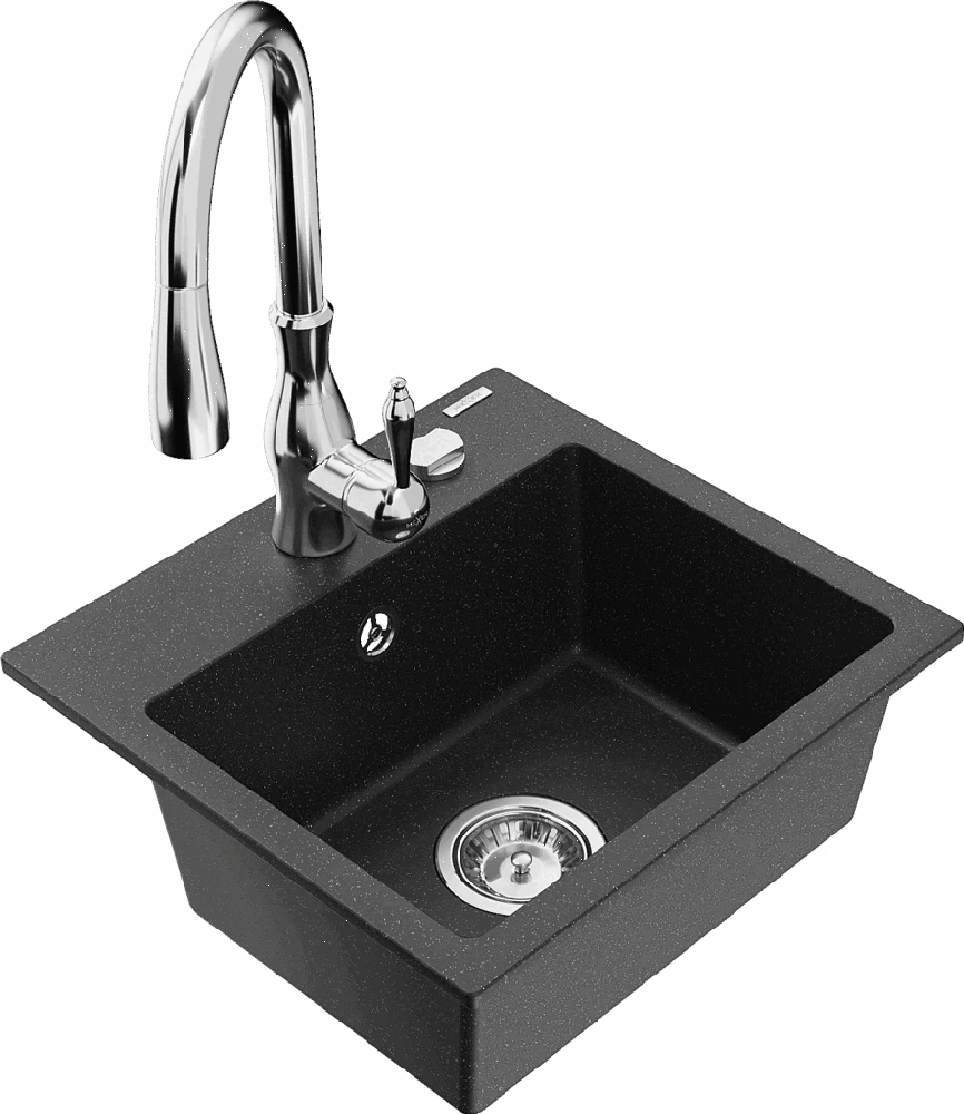 Granitinė virtuvinė plautuvė Mexen Milo su maišytuvu ir sifonu, Metallic juodas/sidabrinis+Chrome
