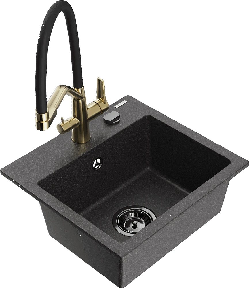 Granitinė virtuvinė plautuvė Mexen Milo su maišytuvu ir sifonu, Juodas granite+Juodas/Gold