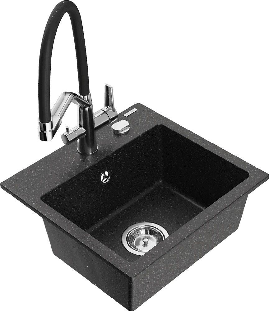 Granitinė virtuvinė plautuvė Mexen Milo su maišytuvu ir sifonu, Metallic juodas/sidabrinis+Juodas/Chrome