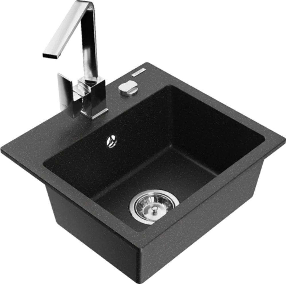 Granitinė virtuvinė plautuvė Mexen Milo su maišytuvu ir sifonu, Metallic juodas/sidabrinis+Chrome