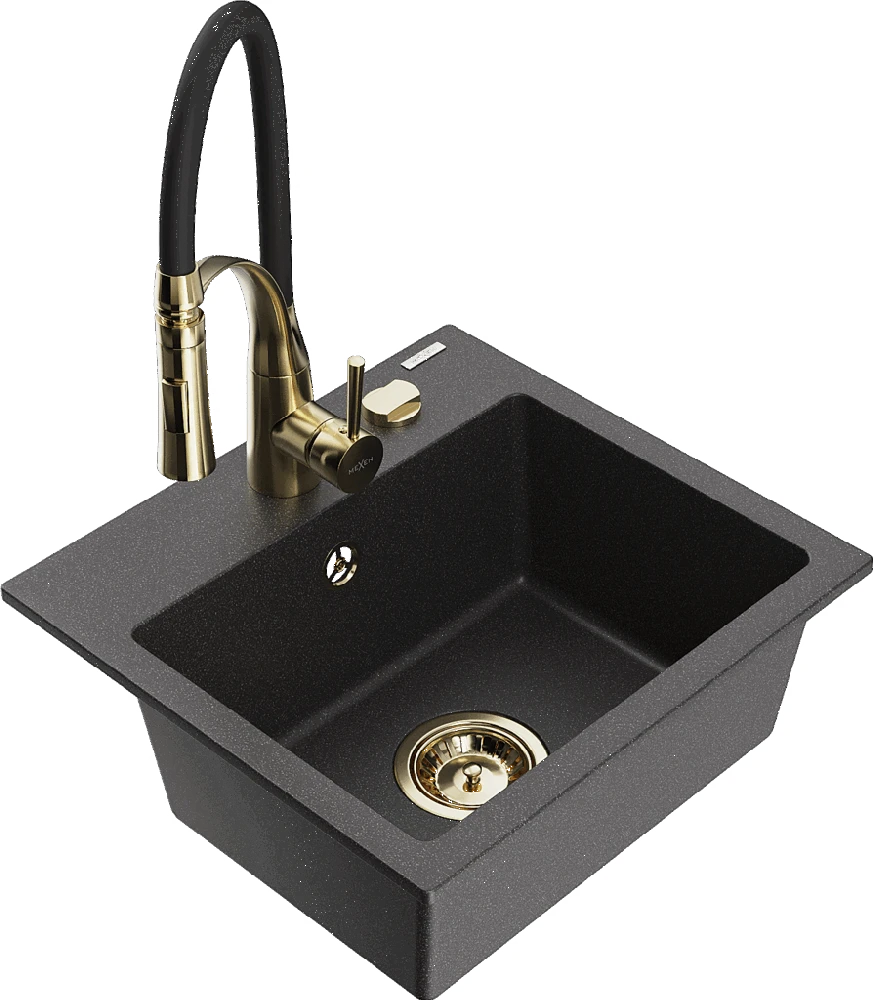 Granitinė virtuvinė plautuvė Mexen Milo su maišytuvu ir sifonu, Juodas granite+Juodas/Gold
