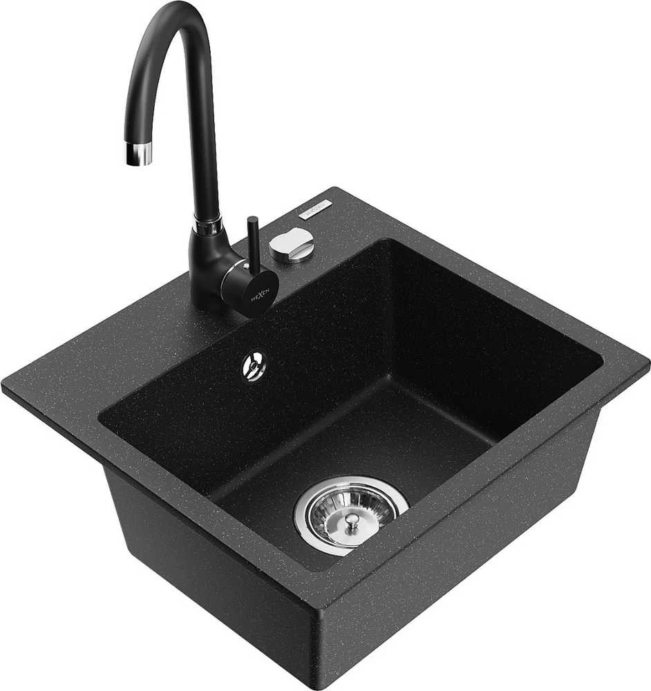 Granitinė virtuvinė plautuvė Mexen Milo su maišytuvu ir sifonu, Metallic juodas/sidabrinis+Juodas