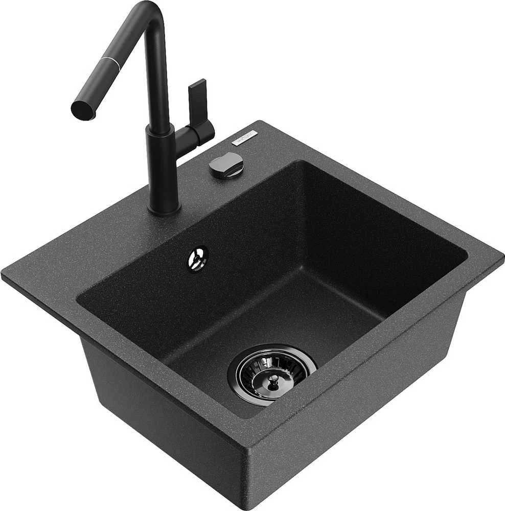Granitinė virtuvinė plautuvė Mexen Milo su maišytuvu ir sifonu, Juodas granite+Juodas