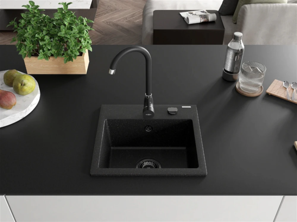 Granitinė virtuvinė plautuvė Mexen Milo su maišytuvu ir sifonu, Metallic juodas/sidabrinis+Juodas(B)