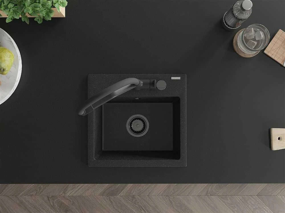 Granitinė virtuvinė plautuvė Mexen Milo su maišytuvu ir sifonu, Metallic juodas/sidabrinis+Juodas
