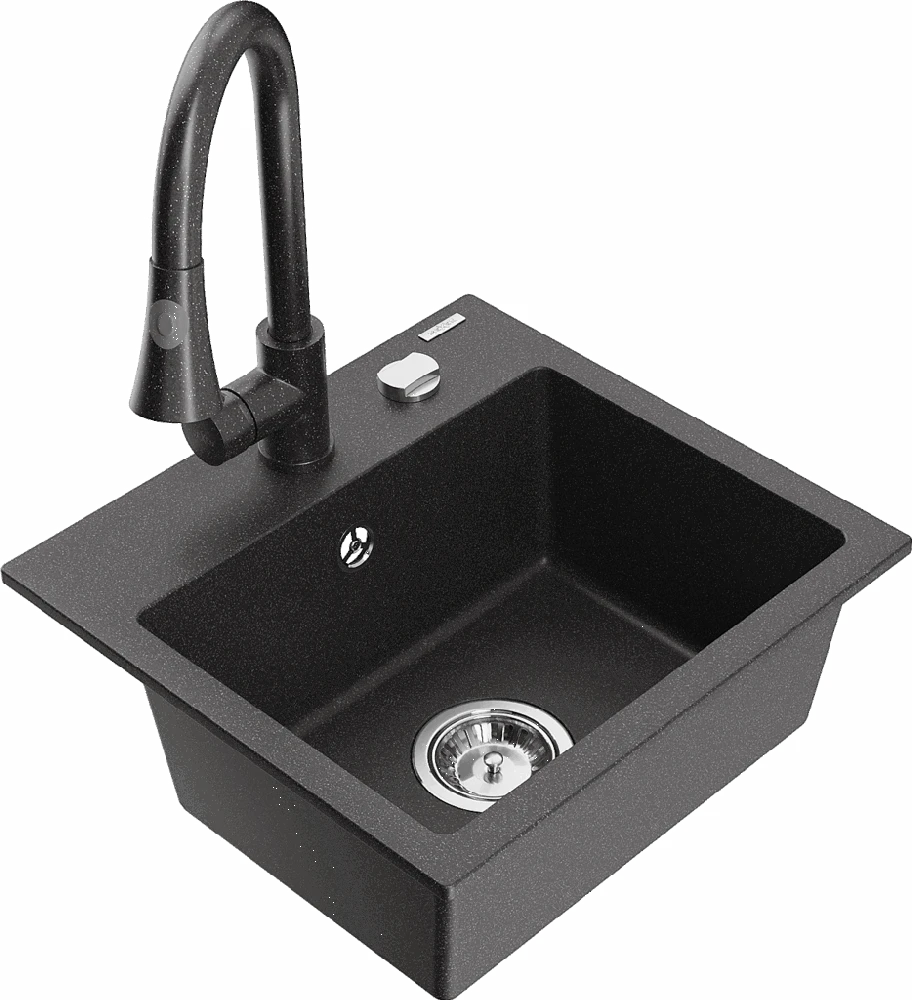 Granitinė virtuvinė plautuvė Mexen Milo su maišytuvu ir sifonu, Juodas granite