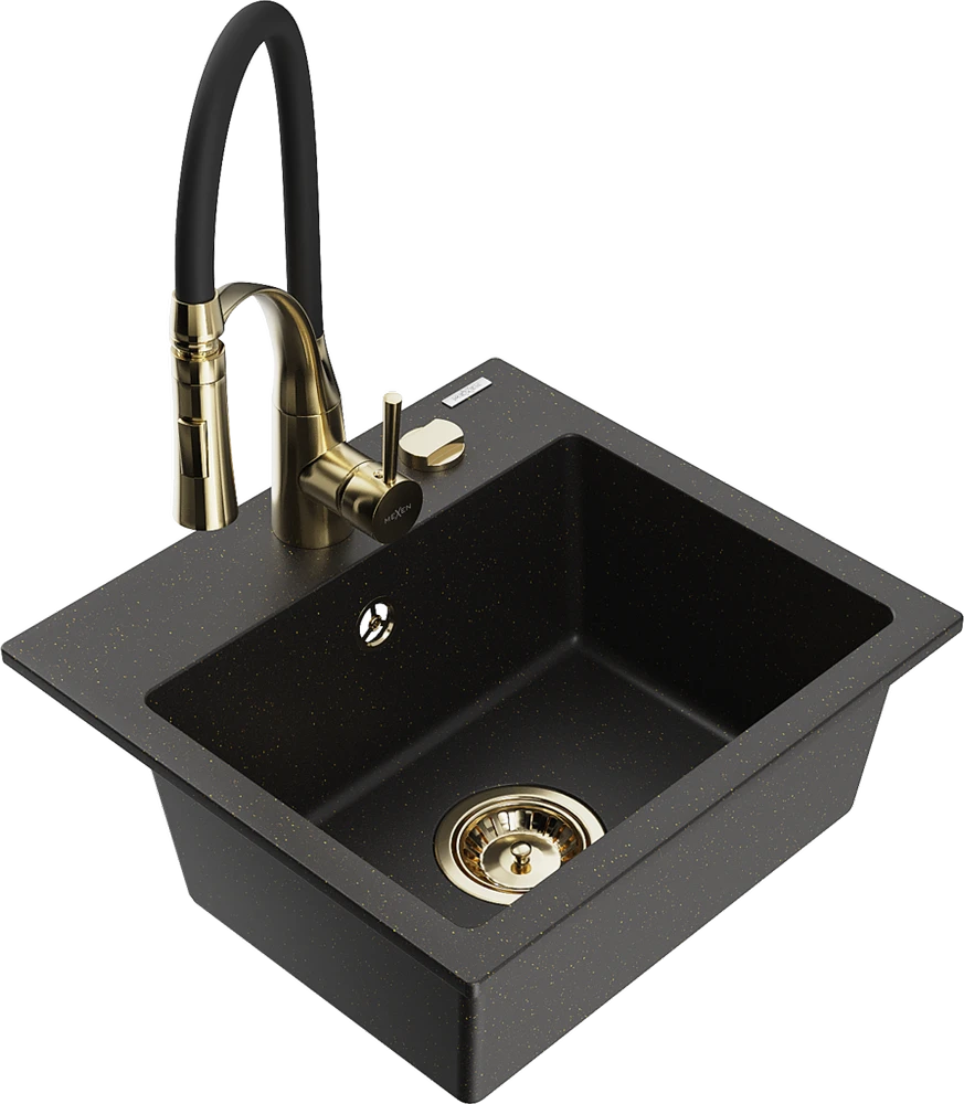Granitinė virtuvinė plautuvė Mexen Milo su maišytuvu ir sifonu, Metallic juodas/auksinis+Juodas/Gold