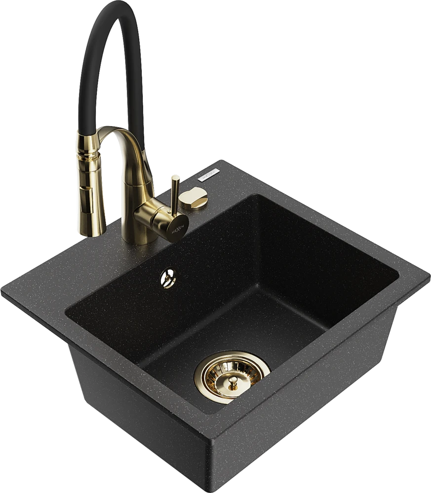 Granitinė virtuvinė plautuvė Mexen Milo su maišytuvu ir sifonu, Metallic juodas/sidabrinis+Juodas/Gold