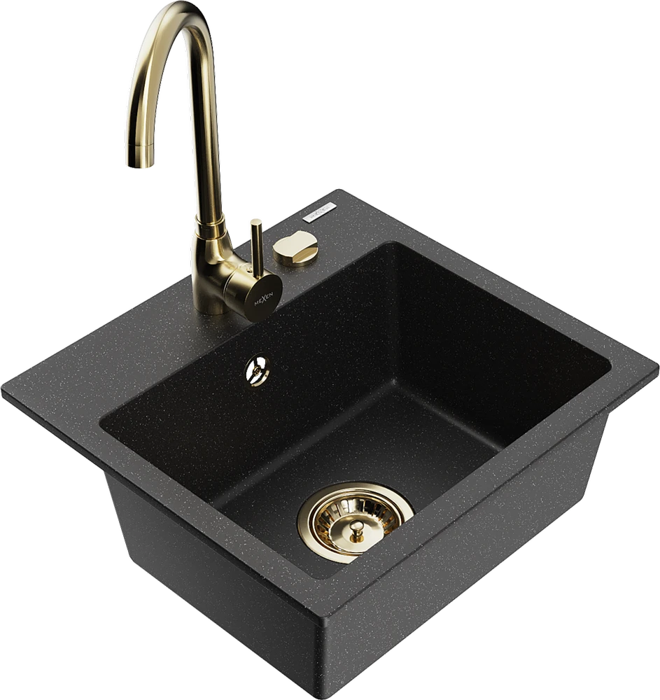 Granitinė virtuvinė plautuvė Mexen Milo su maišytuvu ir sifonu, Metallic juodas/sidabrinis+Gold