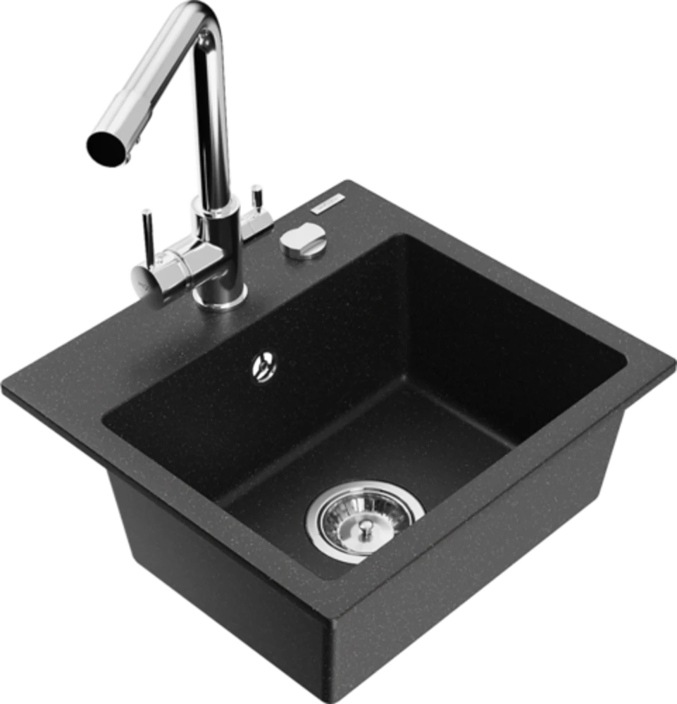 Granitinė virtuvinė plautuvė Mexen Milo su maišytuvu ir sifonu, Metallic juodas/sidabrinis+Chrome