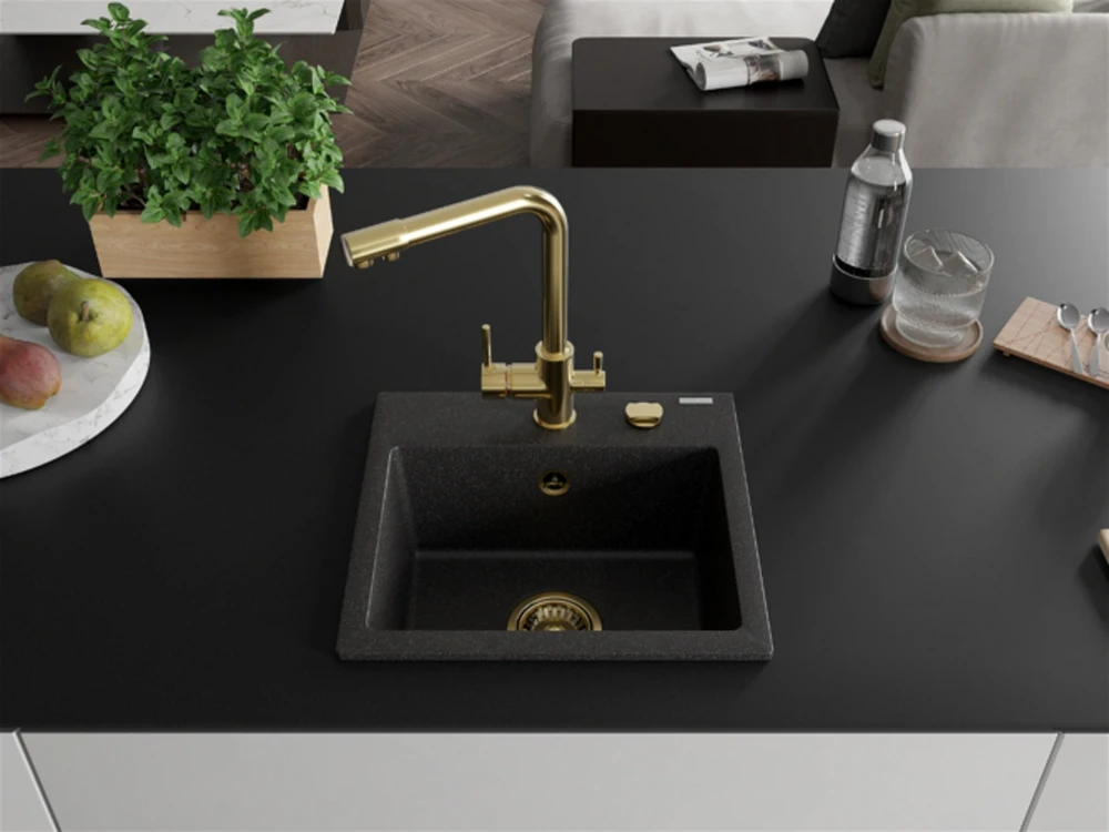 Granitinė virtuvinė plautuvė Mexen Milo su maišytuvu ir sifonu, Juodas granite+Gold