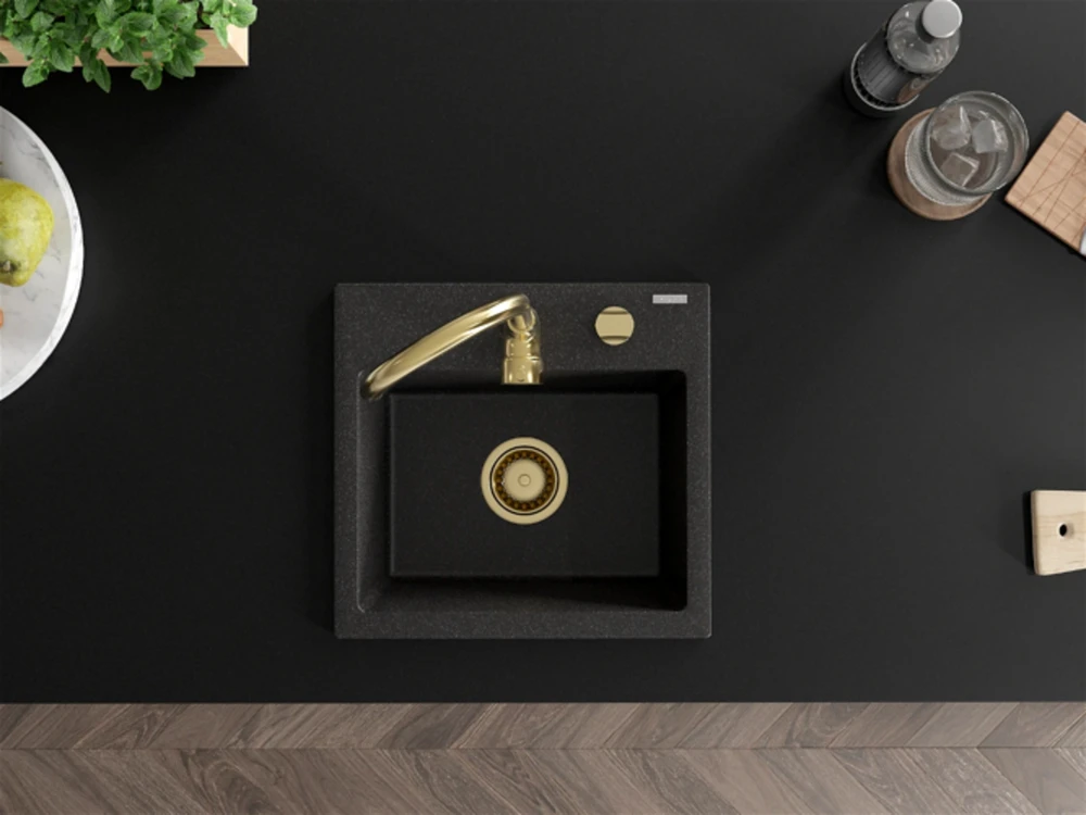 Granitinė virtuvinė plautuvė Mexen Milo su maišytuvu ir sifonu, Juodas granite+Gold