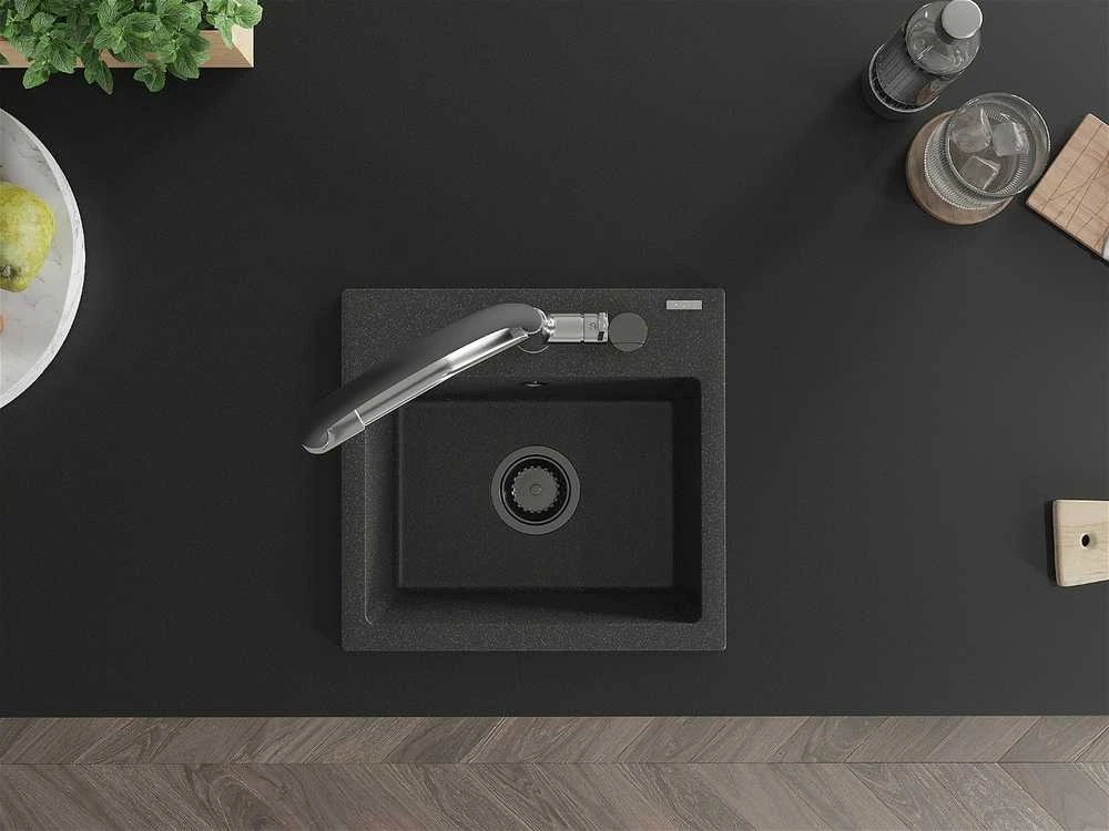 Granitinė virtuvinė plautuvė Mexen Milo su maišytuvu ir sifonu, Juodas granite+Juodas/Chrome