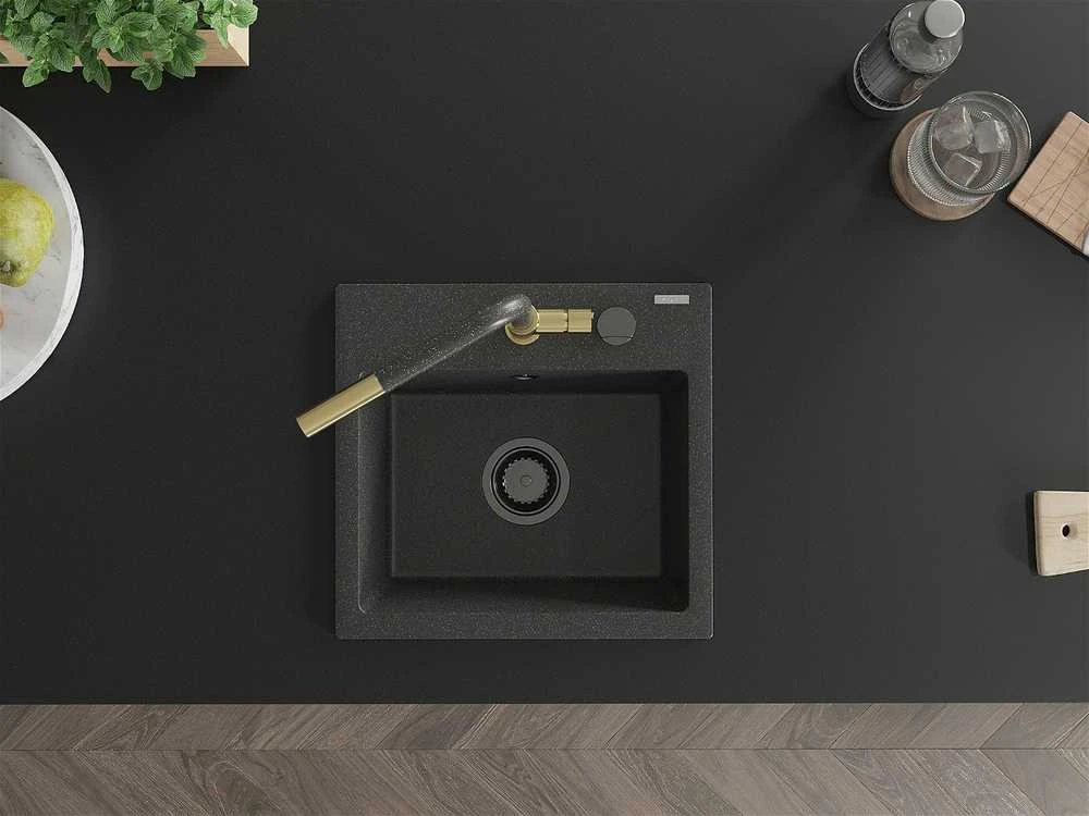 Granitinė virtuvinė plautuvė Mexen Milo su maišytuvu ir sifonu, Juodas granite+Juodas granite/Gold