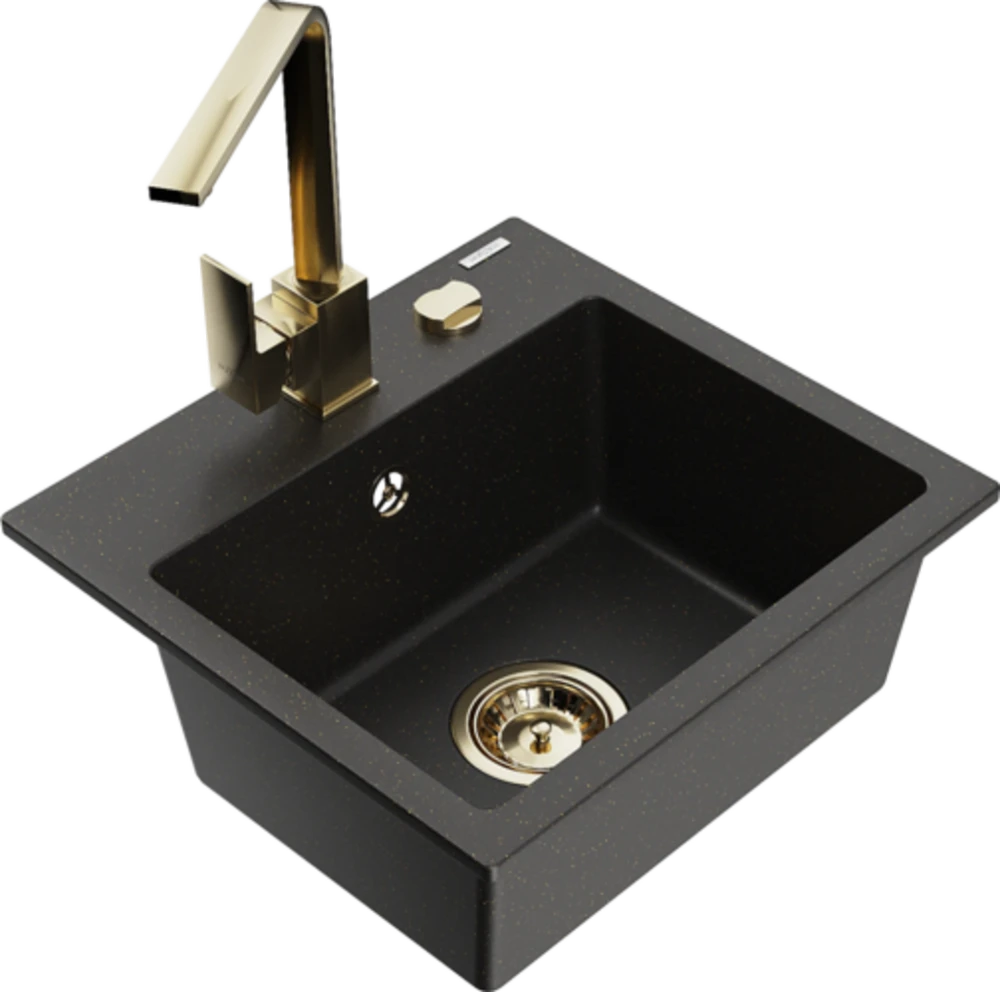 Granitinė virtuvinė plautuvė Mexen Milo su maišytuvu ir sifonu, Metallic juodas/auksinis+Gold