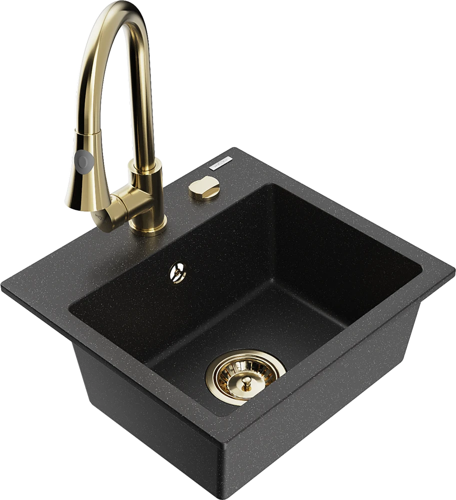 Granitinė virtuvinė plautuvė Mexen Milo su maišytuvu ir sifonu, Metallic juodas/sidabrinis+Gold
