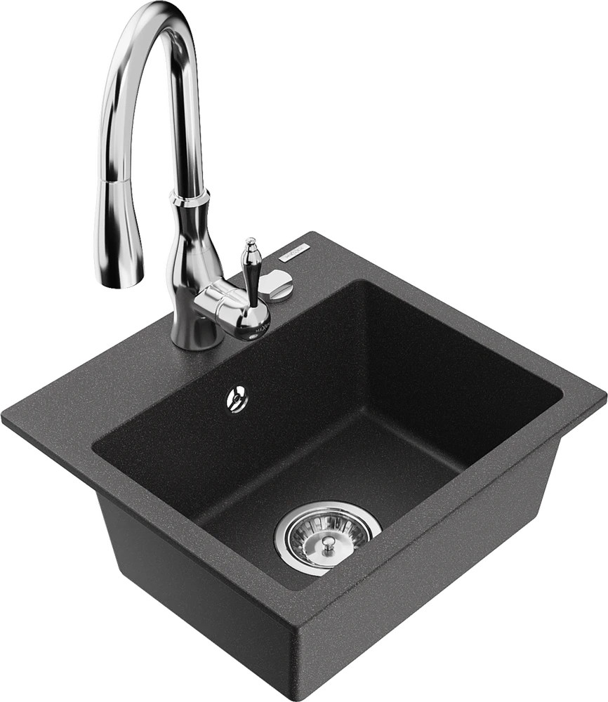 Granitinė virtuvinė plautuvė Mexen Milo su maišytuvu ir sifonu, Juodas granite+Chrome