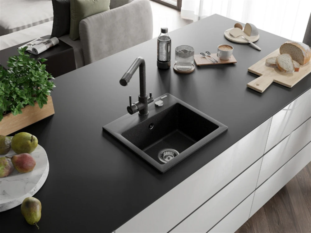 Granitinė virtuvinė plautuvė Mexen Milo su maišytuvu ir sifonu, Juodas granite