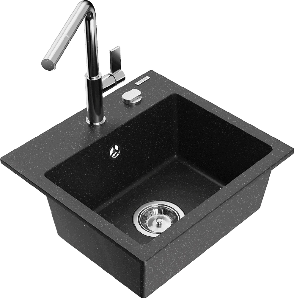 Granitinė virtuvinė plautuvė Mexen Milo su maišytuvu ir sifonu, Metallic juodas/sidabrinis+Chrome